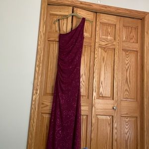 one shoulder toul dress with rouching on side